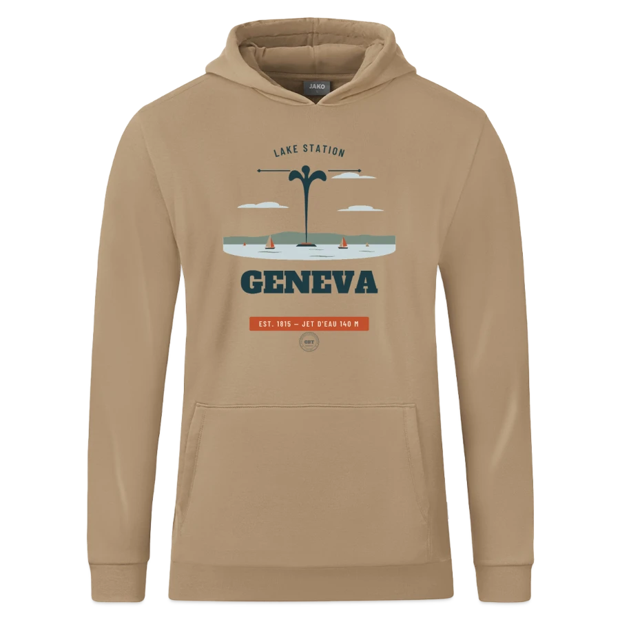 Geneva badge on a jako organic teen hooded sweatshirt , beige