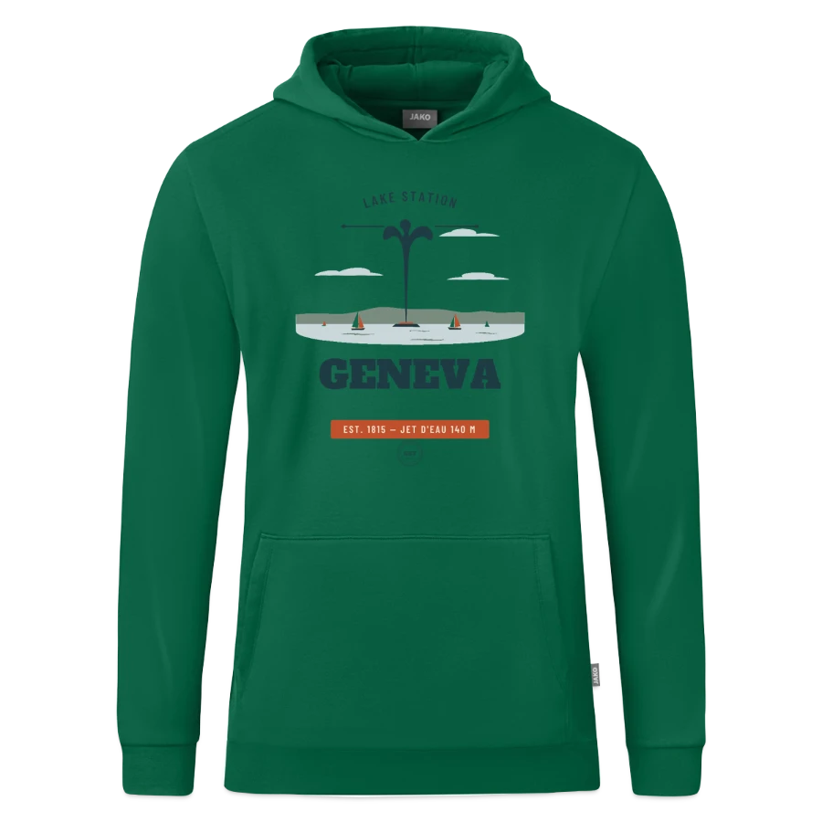 Geneva badge on a jako organic teen hooded sweatshirt , kelly green