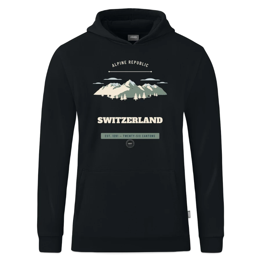 Switzerland badge on a jako organic teen hooded sweatshirt , black