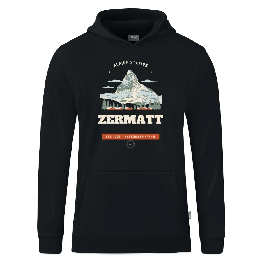 Zermatt badge on a jako organic teen hooded sweatshirt , black