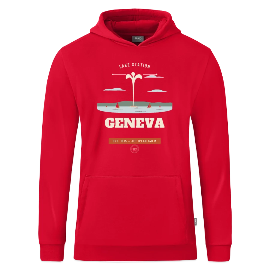 Geneva badge on a jako organic teen hooded sweatshirt , red