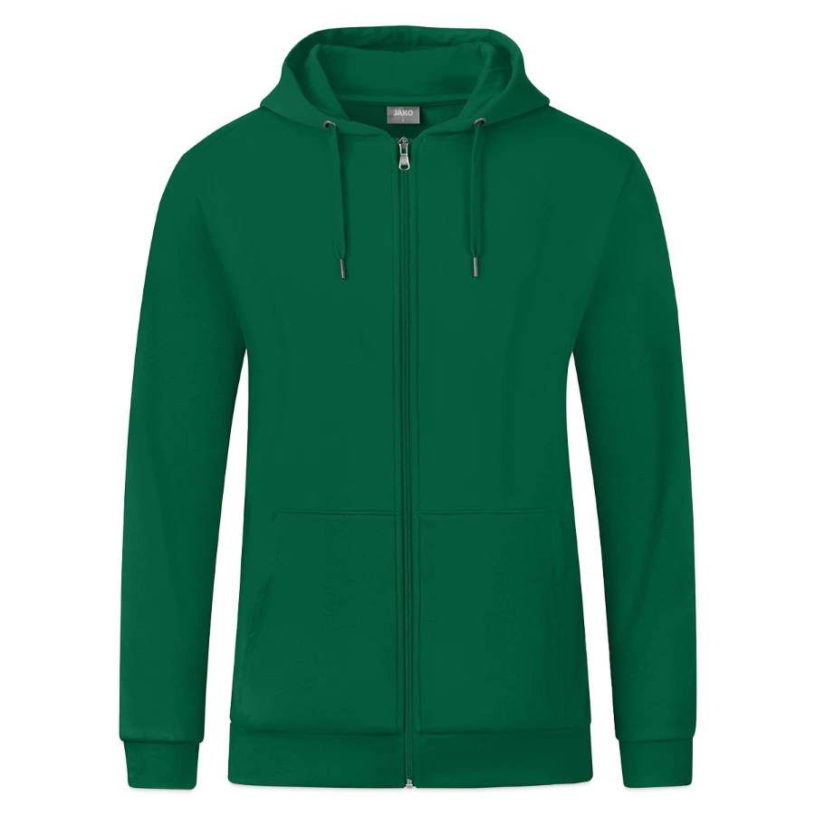 Lucerne badge on a jako organic hooded jacket , kelly green