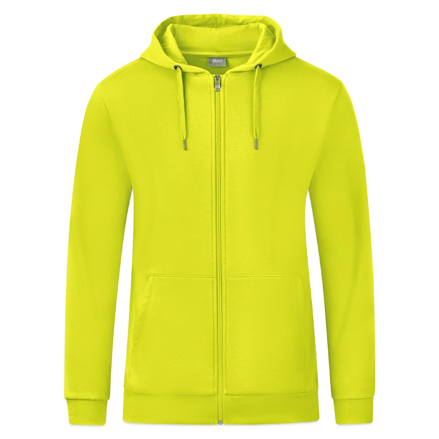 Geneva badge on a jako organic hooded jacket , lime