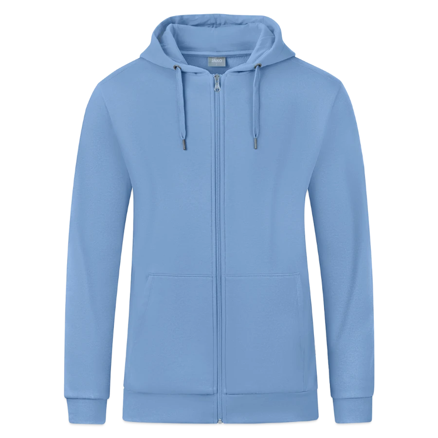 Geneva badge on a jako organic hooded jacket , sky