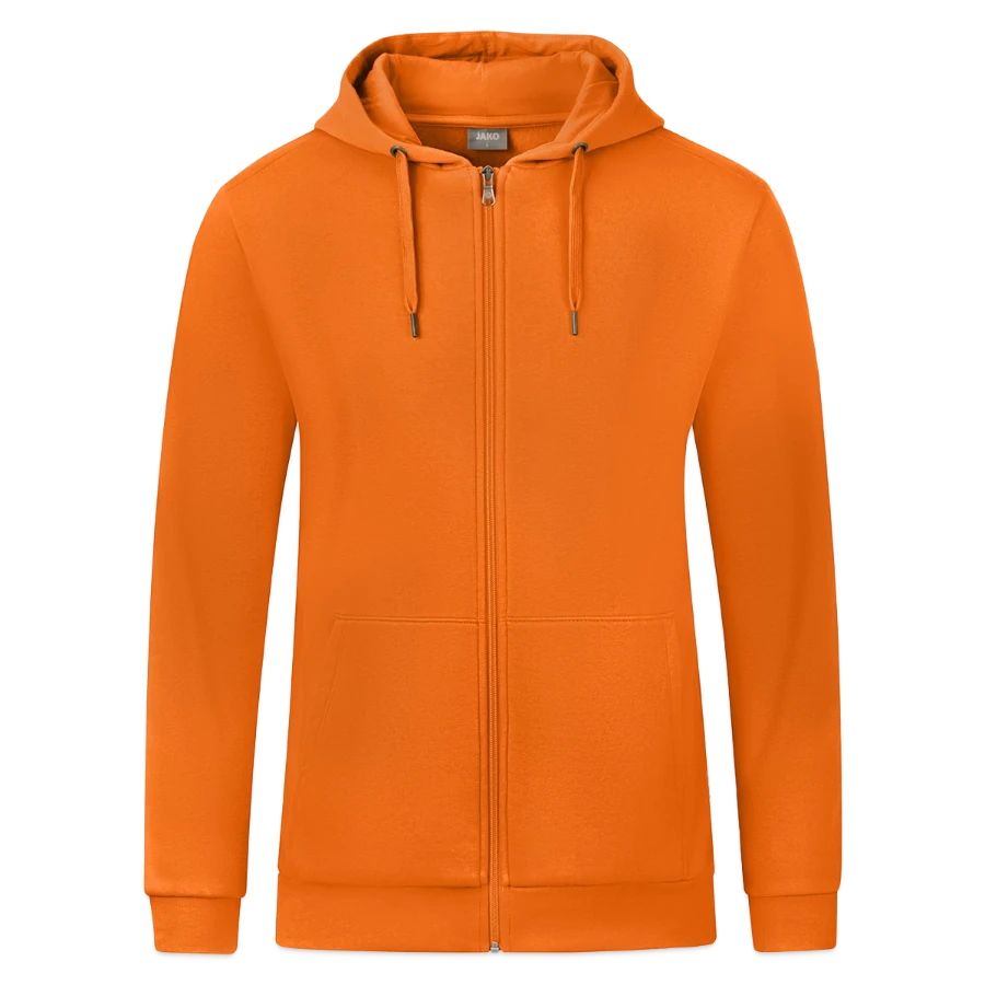 Geneva badge on a jako organic hooded jacket , neon orange