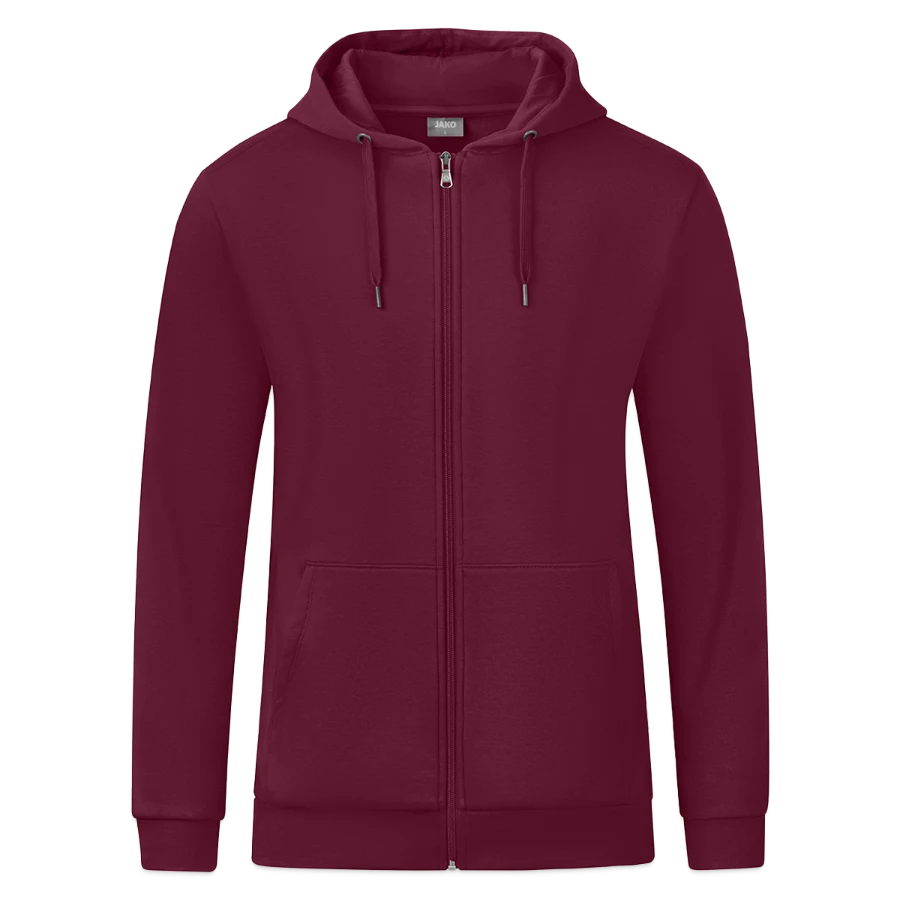 Zermatt badge on a jako organic hooded jacket , wine