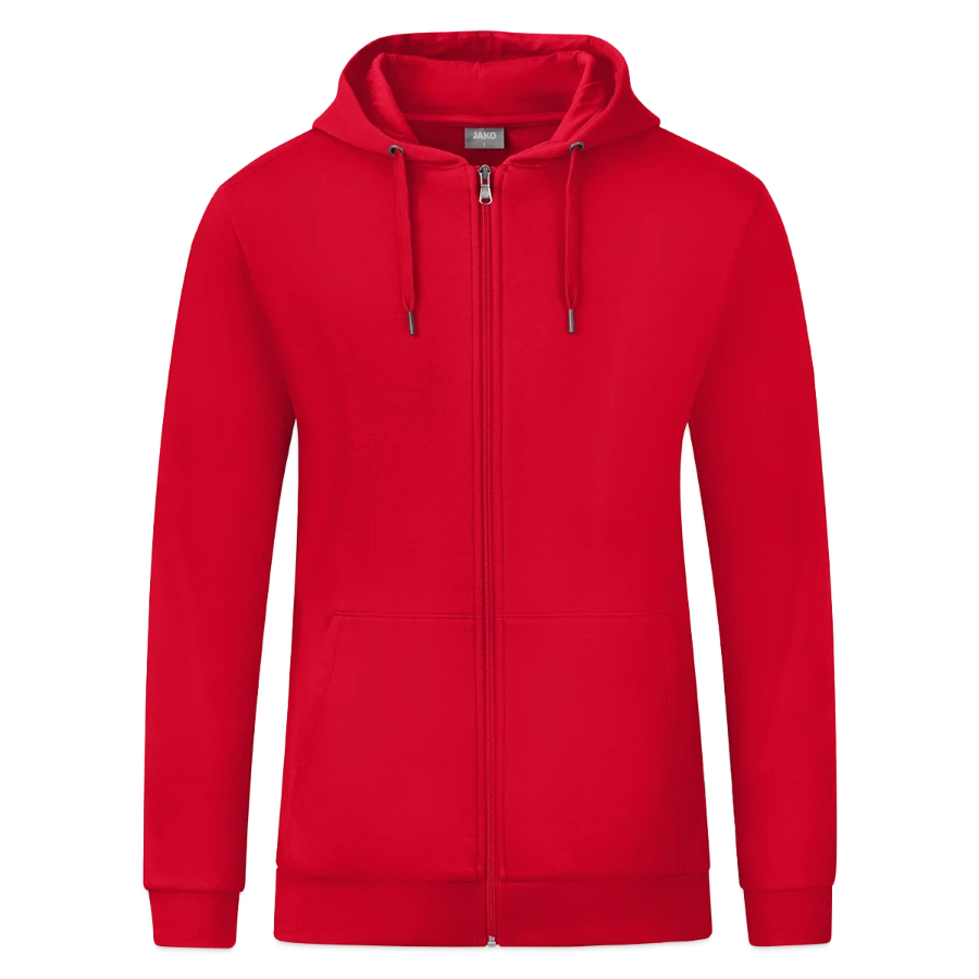 Interlaken badge on a jako organic hooded jacket , red