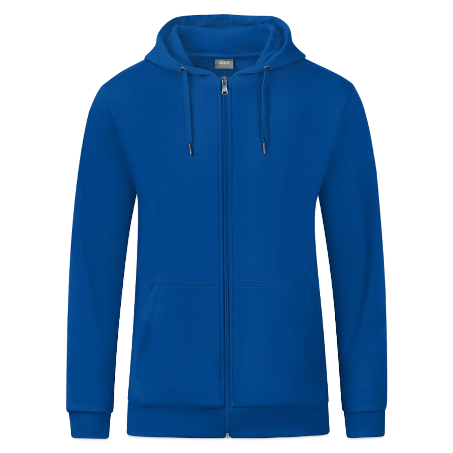 Agrigento badge on a jako organic hooded jacket , blue, front