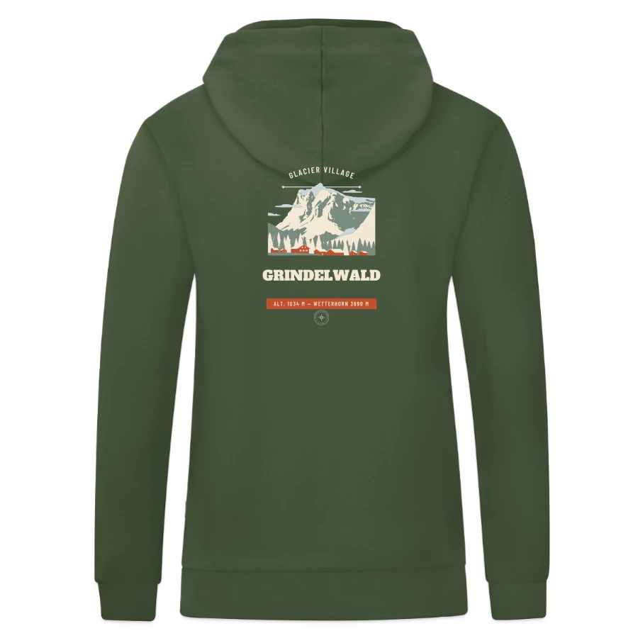 Grindelwald badge on a jako organic hooded jacket , fir green, back