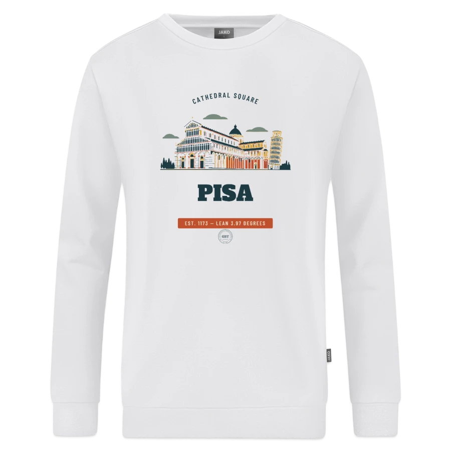 Pisa badge on a jako organic sweatshirt, white, front