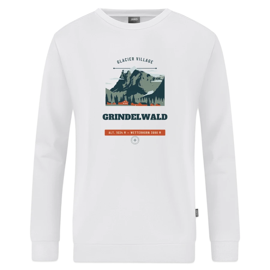 Grindelwald badge on a jako organic sweatshirt, white, front