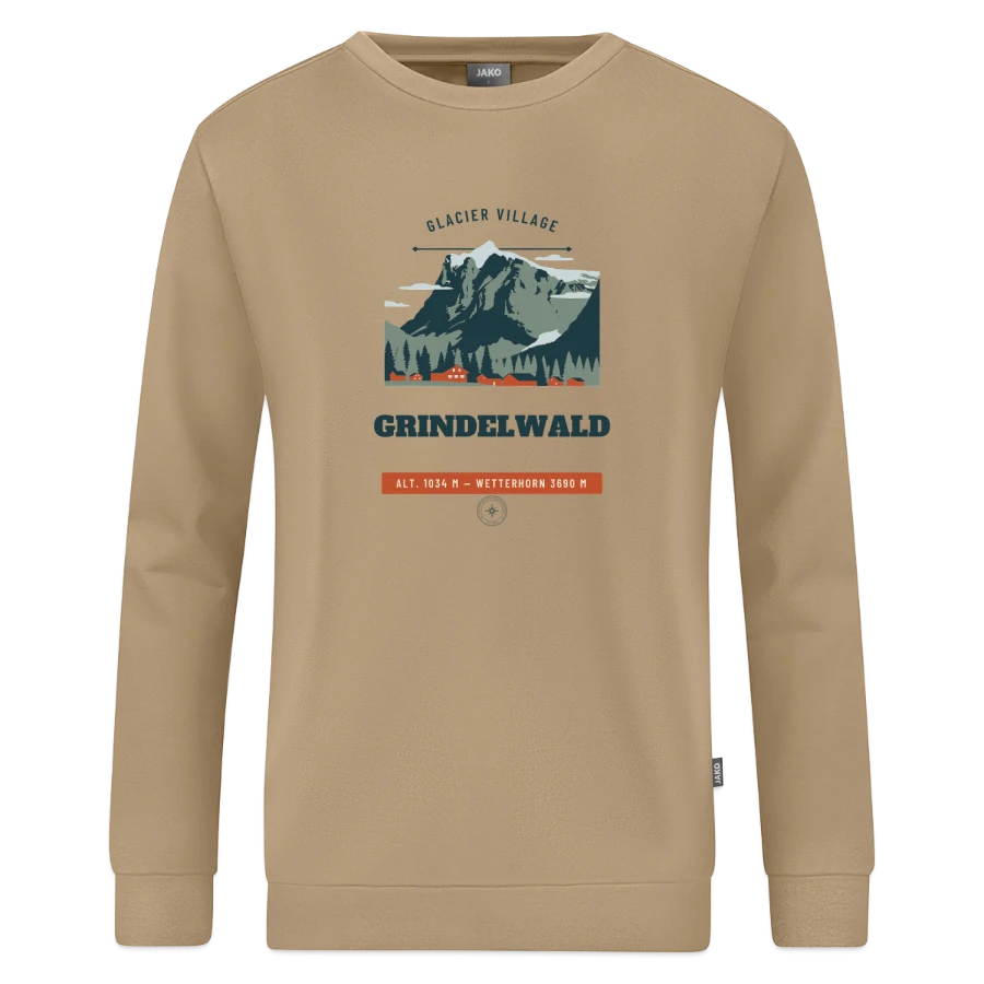 Grindelwald badge on a jako organic sweatshirt, beige, front