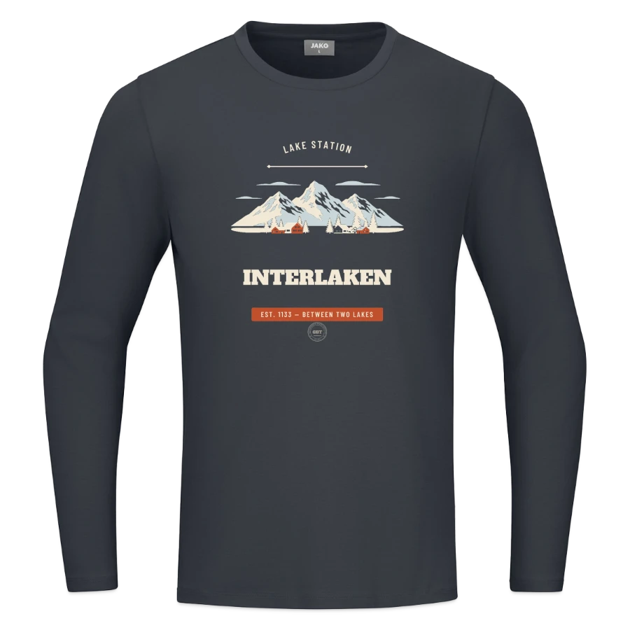 Interlaken badge on a jako longsleeve organic, anthracite