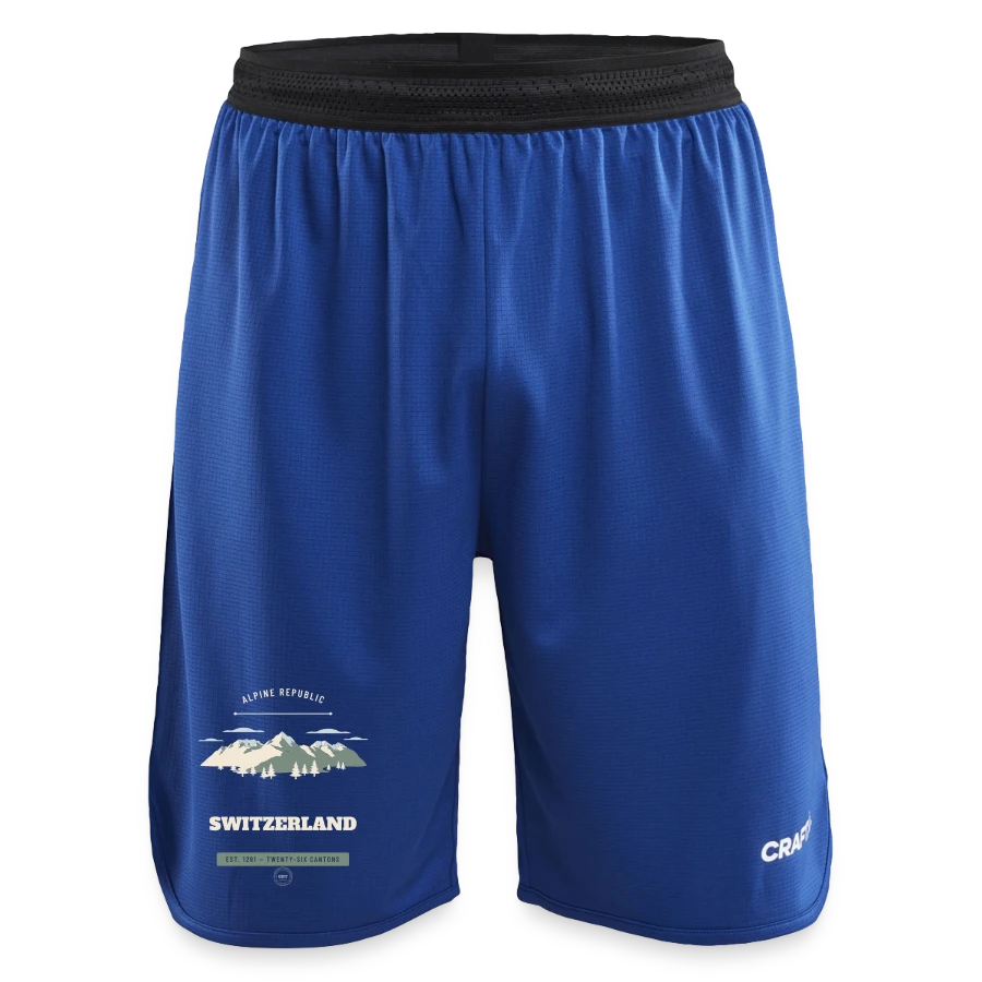 Switzerland badge on a craft progress kids’ basketball shorts, royal blue