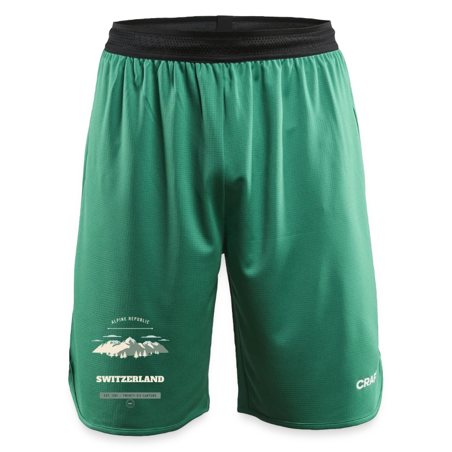 Switzerland badge on a craft progress kids’ basketball shorts, evergreen