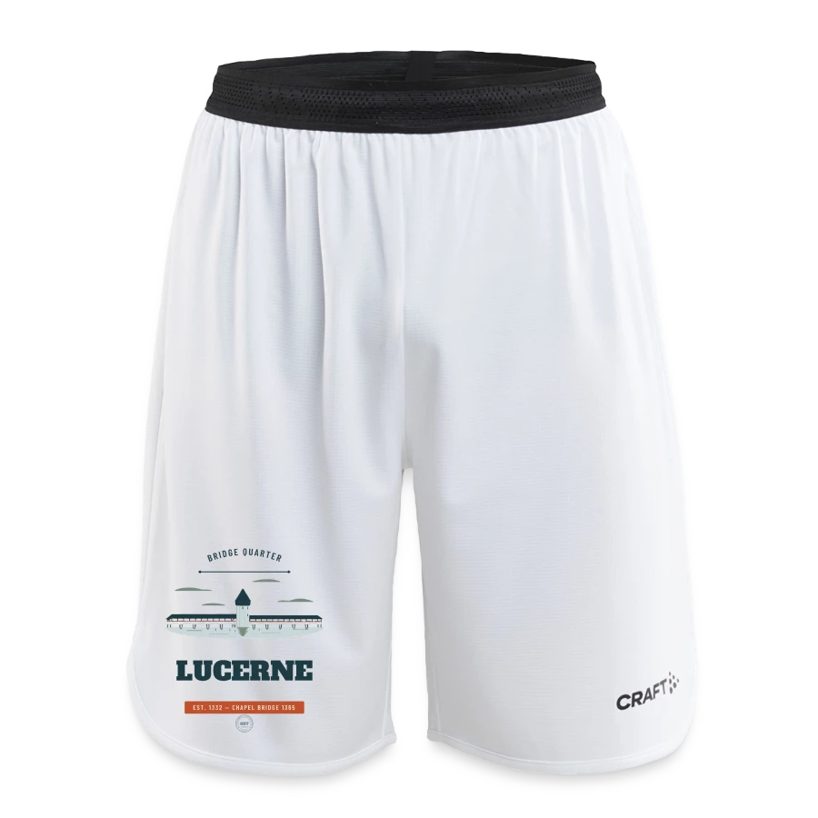 Lucerne badge on a craft progress men’s basketball shorts, white