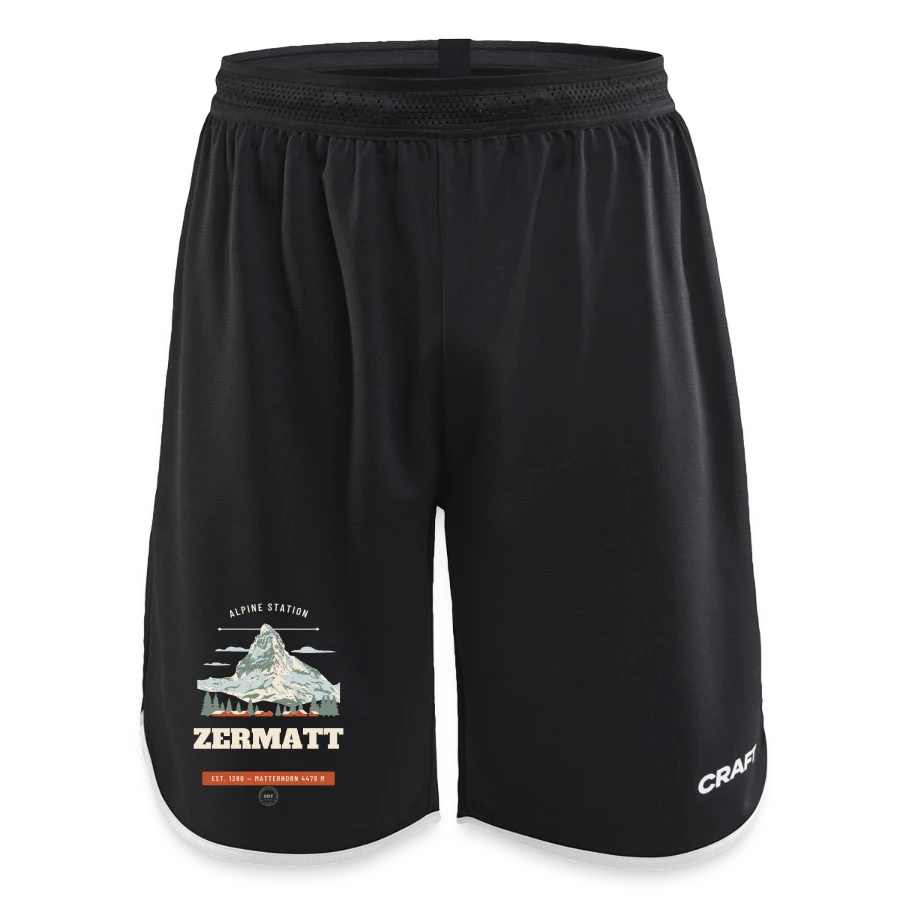 Zermatt badge on a craft progress men’s basketball shorts, black