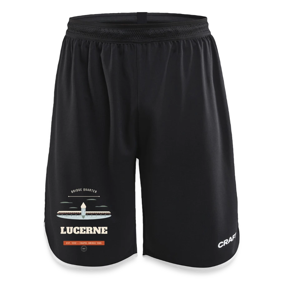 Lucerne badge on a craft progress men’s basketball shorts, black