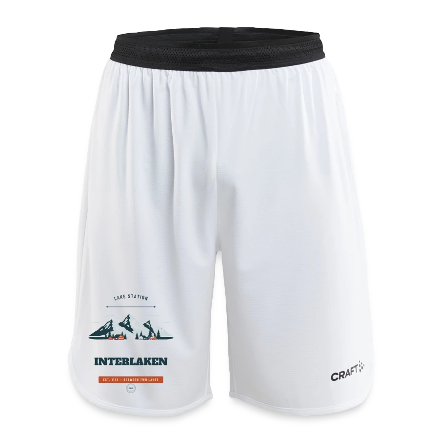 Interlaken badge on a craft progress men’s basketball shorts, white