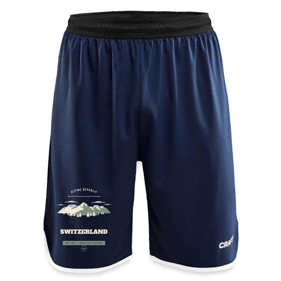 Switzerland badge on a craft progress men’s basketball shorts, navy