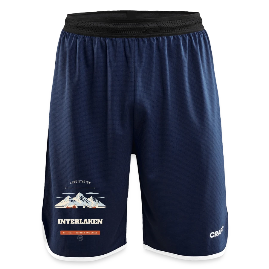 Interlaken badge on a craft progress men’s basketball shorts, navy