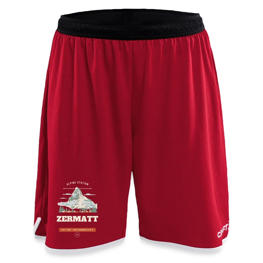 Zermatt badge on a craft progress women’s basketball shorts, dark red