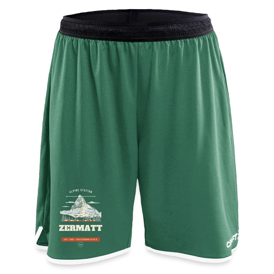 Zermatt badge on a craft progress women’s basketball shorts, evergreen