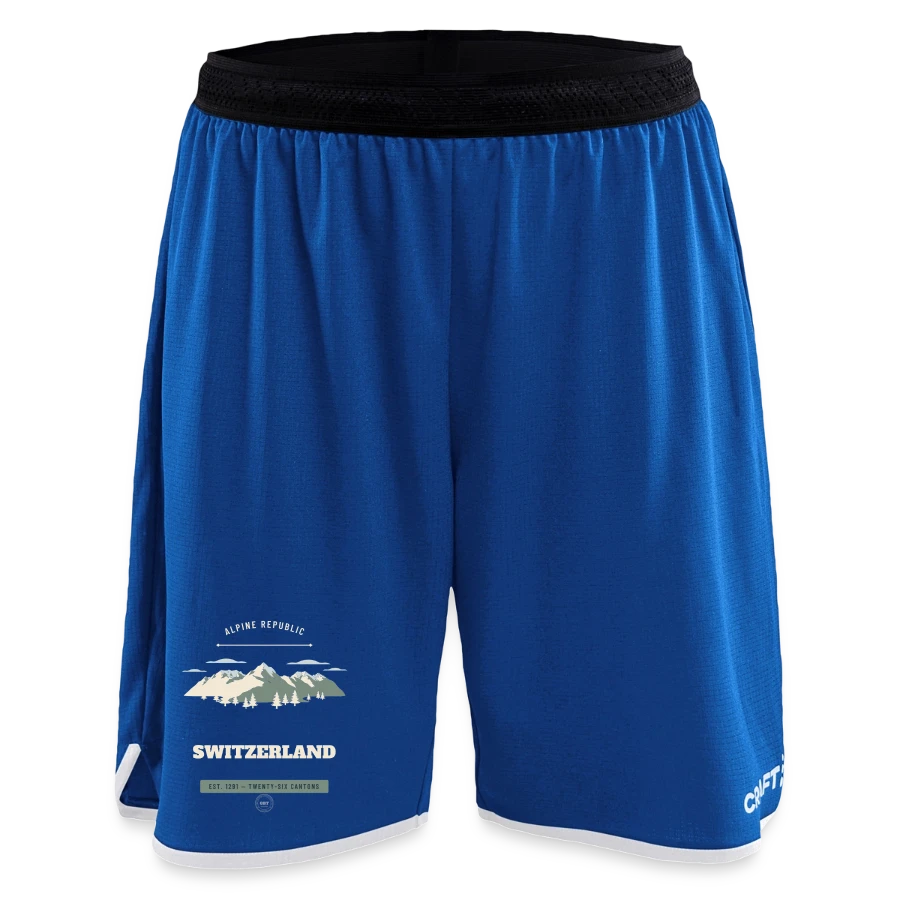 Switzerland badge on a craft progress women’s basketball shorts, royal blue