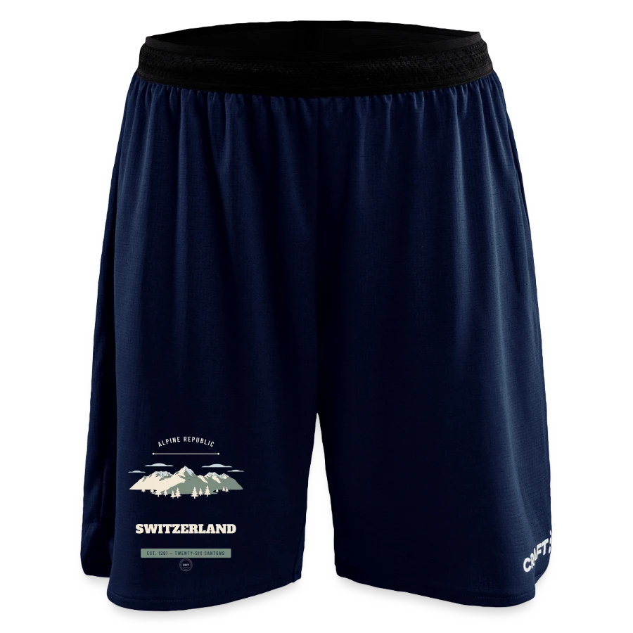Switzerland badge on a craft progress women’s basketball shorts, navy