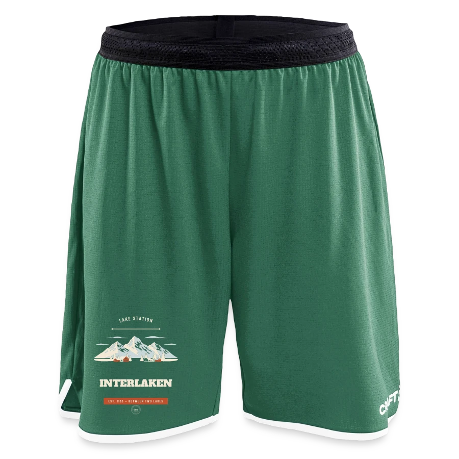 Interlaken badge on a craft progress women’s basketball shorts, evergreen