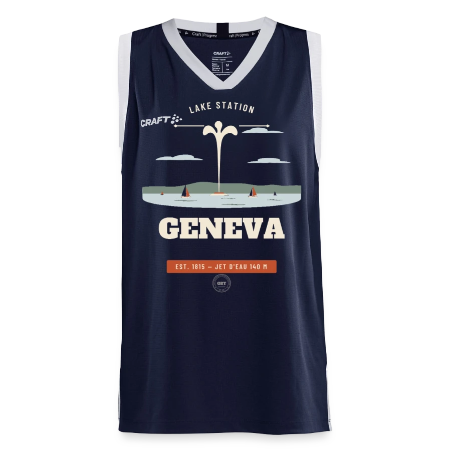 Geneva badge on a craft progress kids’ basketball jersey, navy