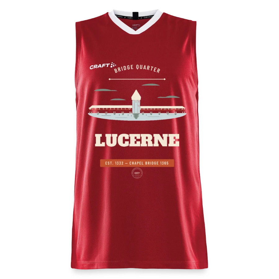 Lucerne badge on a craft progress kids’ basketball jersey, dark red