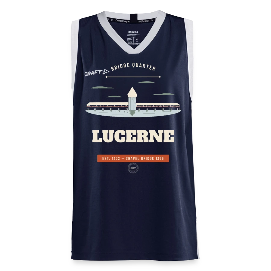Lucerne badge on a craft progress kids’ basketball jersey, navy