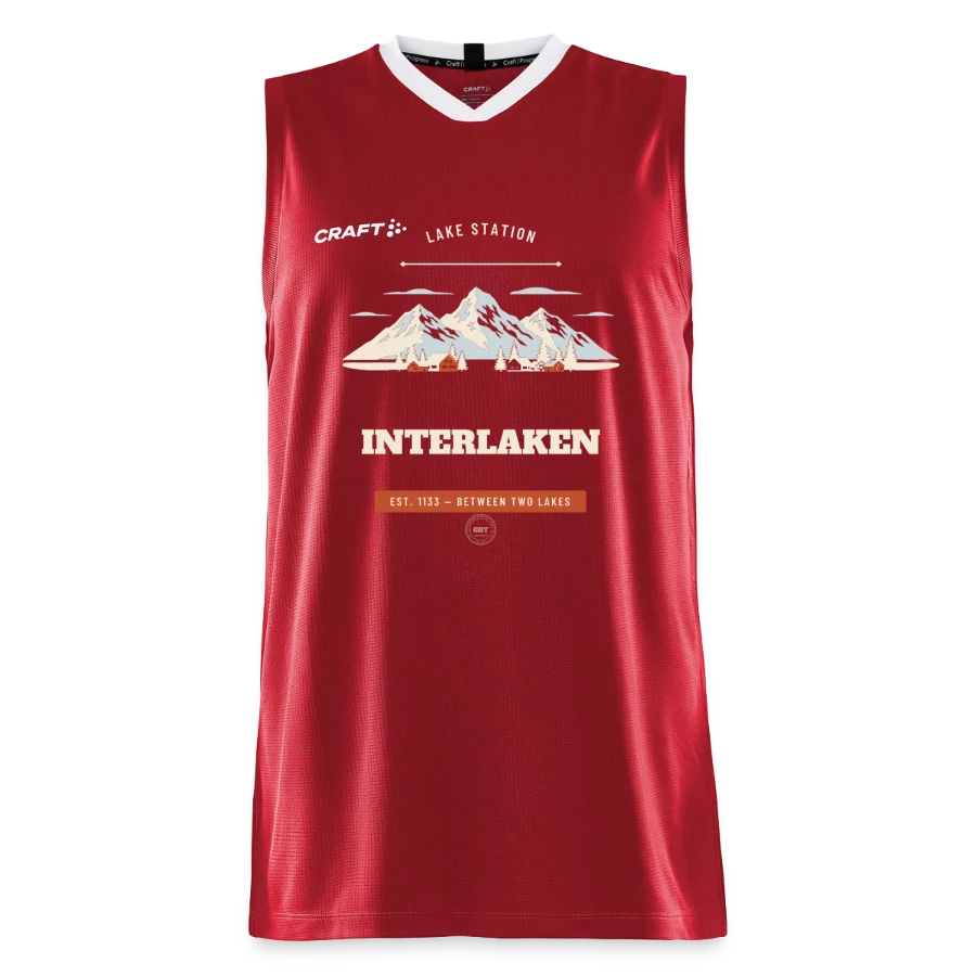 Interlaken badge on a craft progress men’s basketball jersey, dark red
