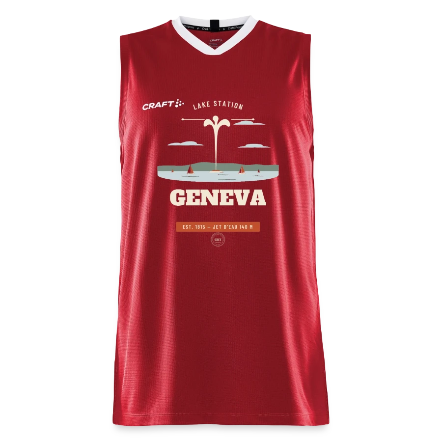 Geneva badge on a craft progress men’s basketball jersey, dark red
