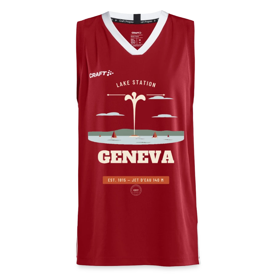 Geneva badge on a craft progress teen basketball jersey, dark red