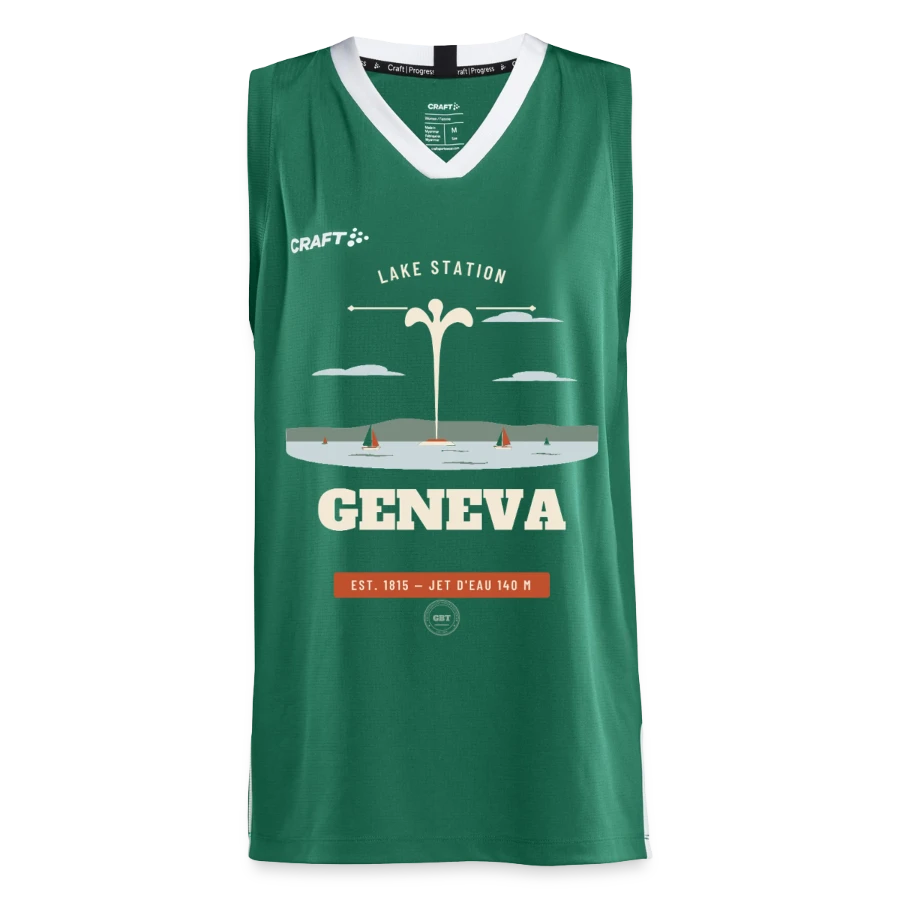 Geneva badge on a craft progress teen basketball jersey, evergreen