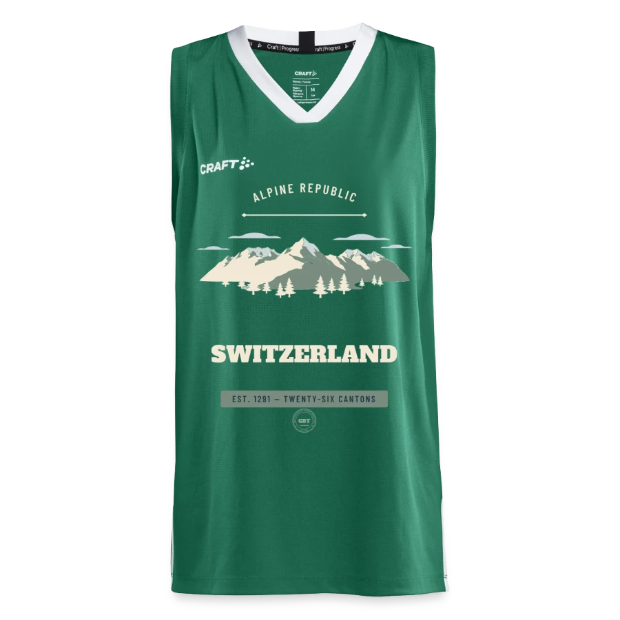 Switzerland badge on a craft progress teen basketball jersey, evergreen