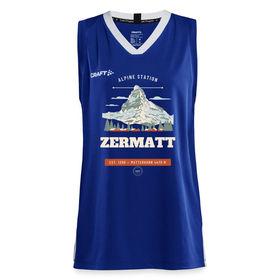 Zermatt badge on a craft progress women’s basketball jersey, royal blue