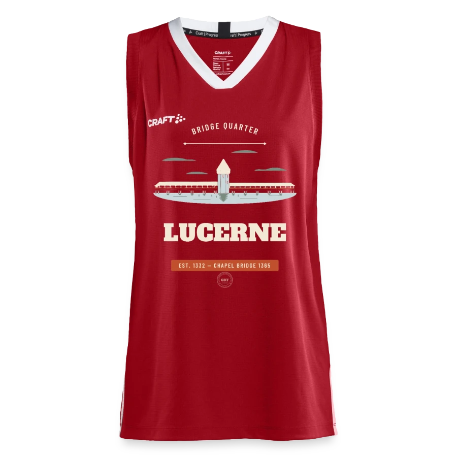 Lucerne badge on a craft progress women’s basketball jersey, dark red