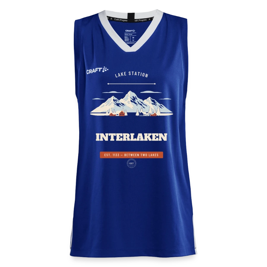 Interlaken badge on a craft progress women’s basketball jersey, royal blue
