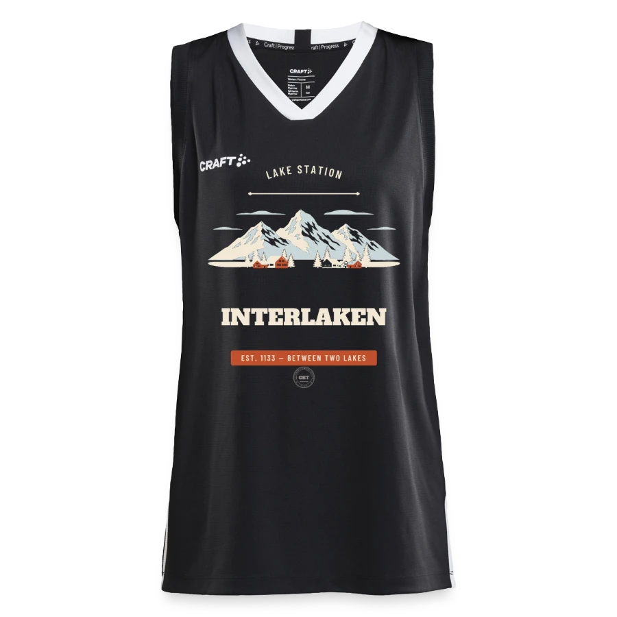 Interlaken badge on a craft progress women’s basketball jersey, black