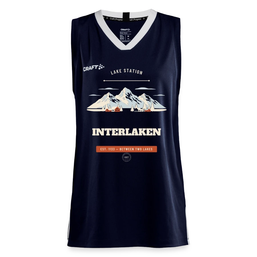 Interlaken badge on a craft progress women’s basketball jersey, navy