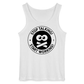 Stop Talking! Start Working! (Black) - Gildan Men’s Tank Top - white - Front - AI Model Male 185 dark (185cm)