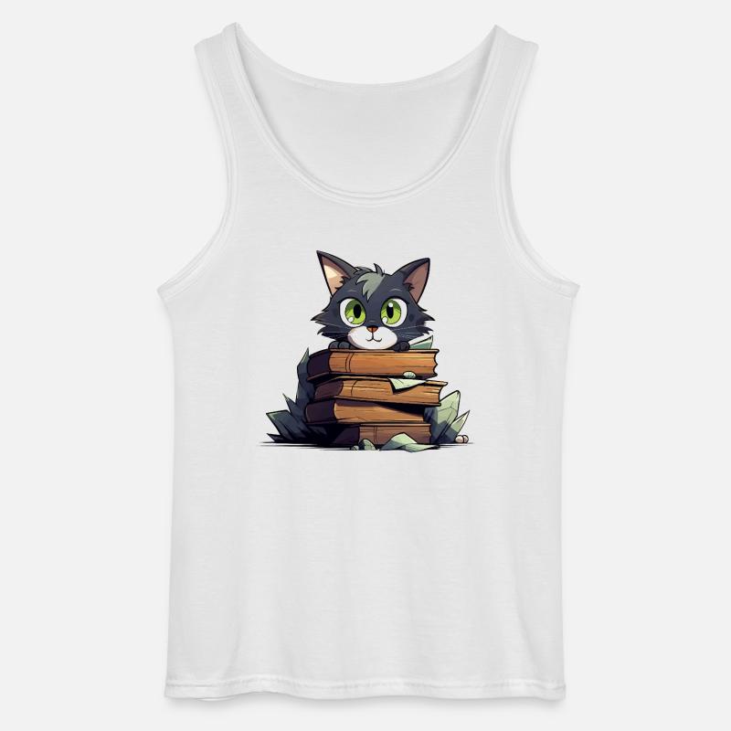 Cat Book Stack - Gildan Men’s Tank Top - white