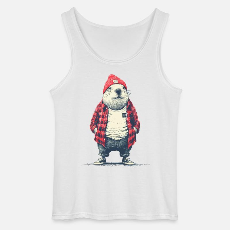 Bever i rød rutete jakke - Gildan singlet for menn - hvit