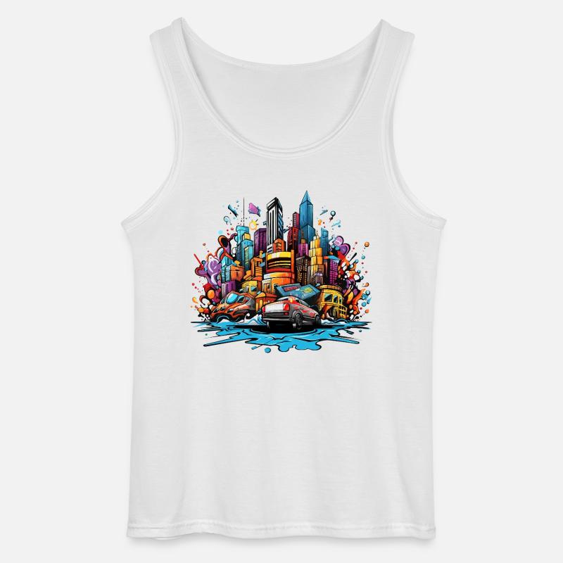 Bunte Stadtsilhouette mit Autos - Gildan Männer Tank Top - Weiß