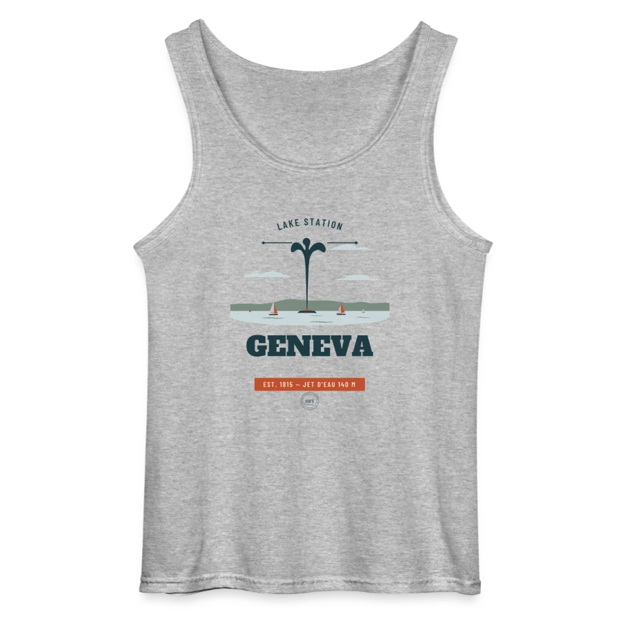 Geneva badge on a gildan men’s tank top, sports grey