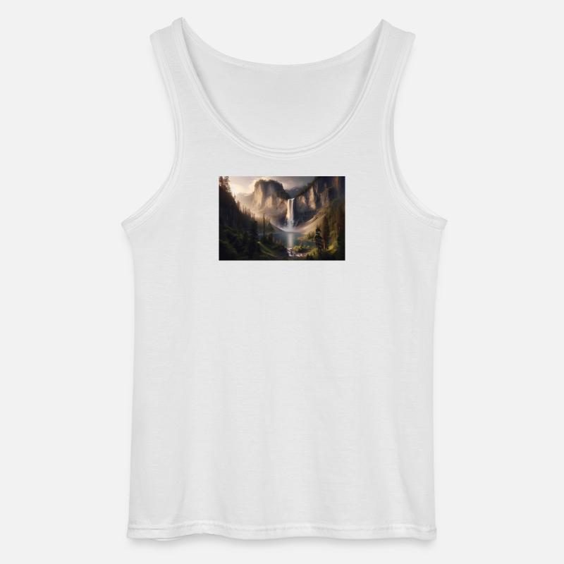 Poster Ölgemälde Berglandschaft mit Wasserfall - Gildan Männer Tank Top - Weiß