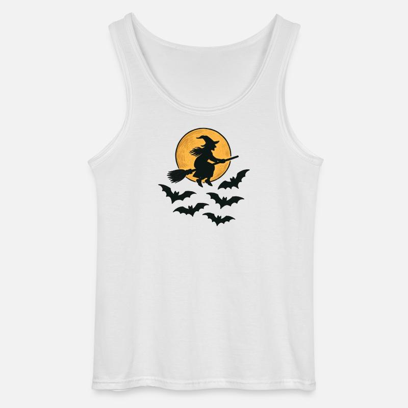 Flying Witch with Bats – Halloween Design - Gildan Men’s Tank Top - white